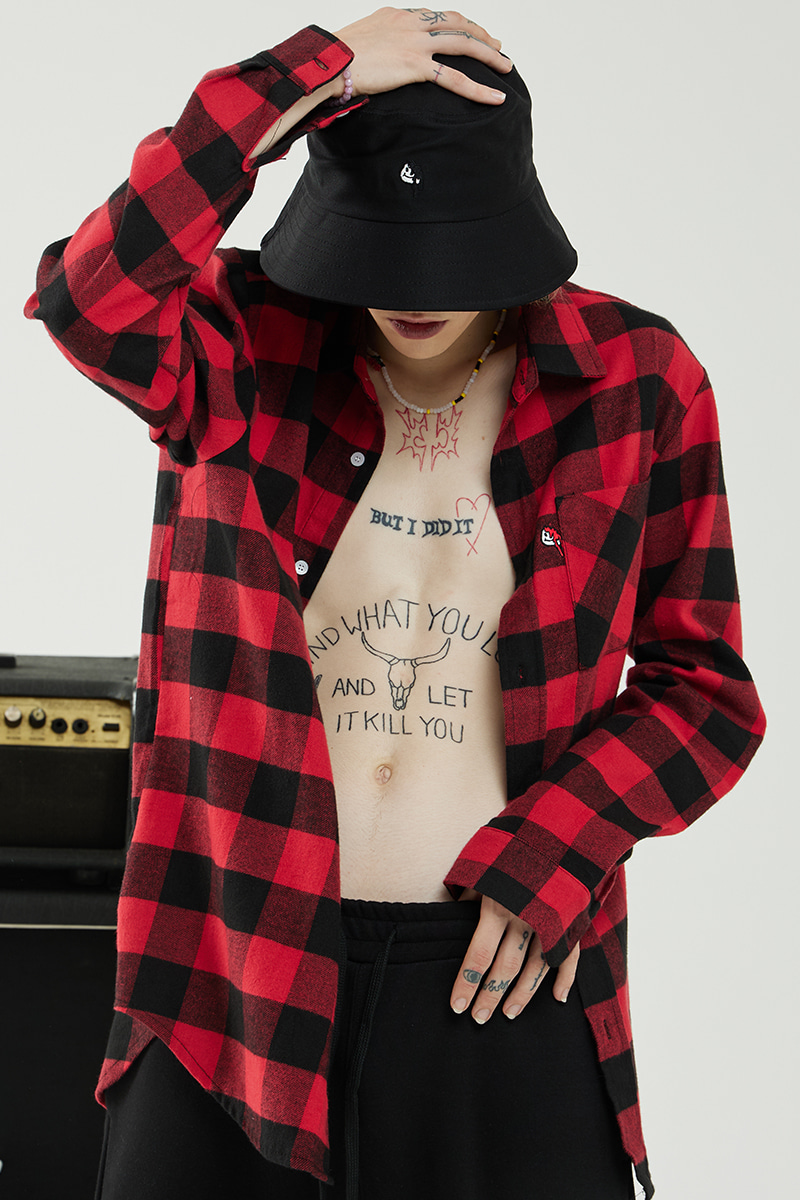 OVERFIT FLANNEL SHIRTS-RED+BLACK
